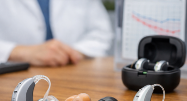 Ειδικός ρυθμίζει-εφαρμοζει ακουστικά βαρηκοΐας σε ασθενή